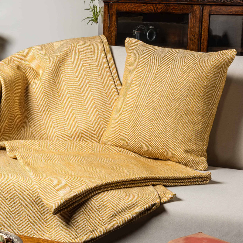 Faux Wool Linen Blend Herringbone Cushion in Ochre Yellow, 43x43cm, Cover only