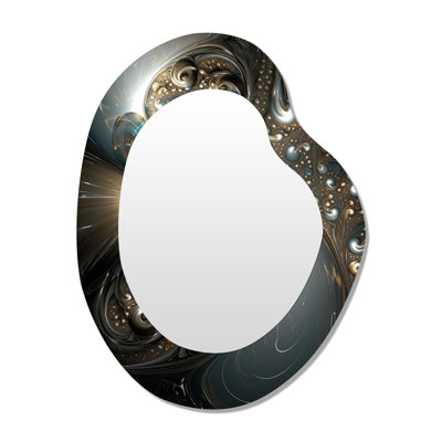 Junious Mystical Universe In Mysterious Blue And Gold III - Fractals Irregular Shape Large Mirror, Modern Asymmetrical Decorative Wall Mirror, Printed Metal Art
