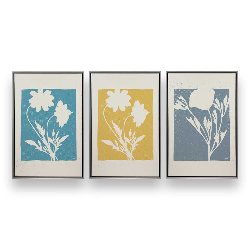 Subtle Blossoms, Set of 3 Print on Canvas, Polished Chrome Floater Frame, 36.75" H x 24.75" W
