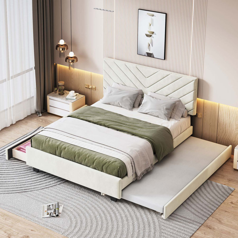 Lit plateforme tapissier avec rangement Casian, Beige