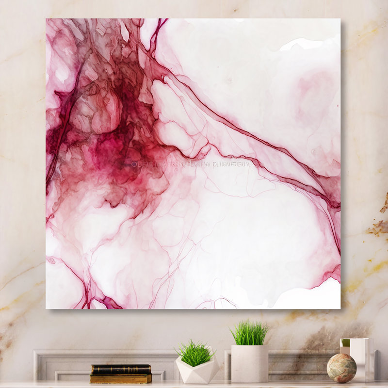 Célébration en rosé framboise I - décoration murale abstraite à l'encre liquide en métal, H 36 po x l 36 po x P 1 po