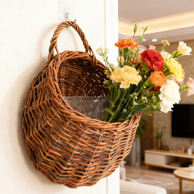 1 Piece, 7.87-Inch Round Woven Wicker Storage Basket with Handles, Decorative Home Storage for Plants, Kitchen, Bathroom or Holiday Decor, Brown