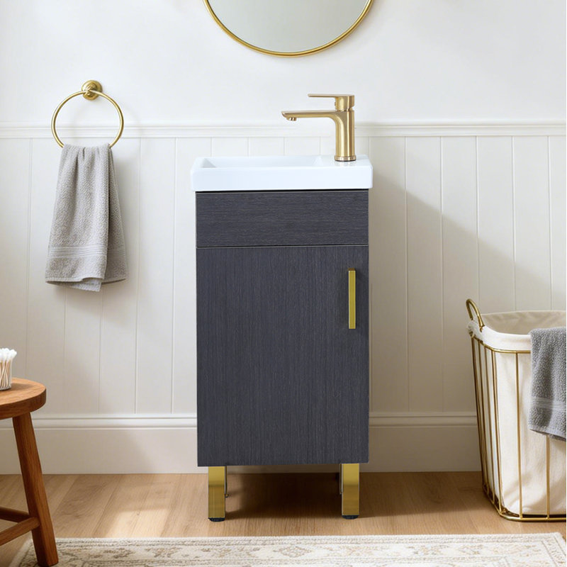 Petit meuble-lavabo simple autoportant 16 po avec plateau en céramique 16 po, Noir