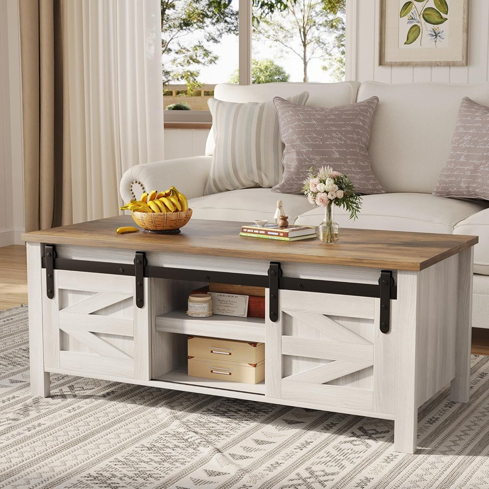 Ophelia & Co. Coffee Table With Storage And Sliding Barn Doors ...