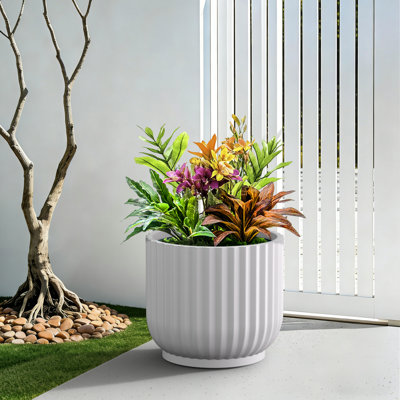17 in. Large Pearl White(Upgraded Interior) Concrete Round Planter / Pot Ribbed Design Planter with Drainage Hole