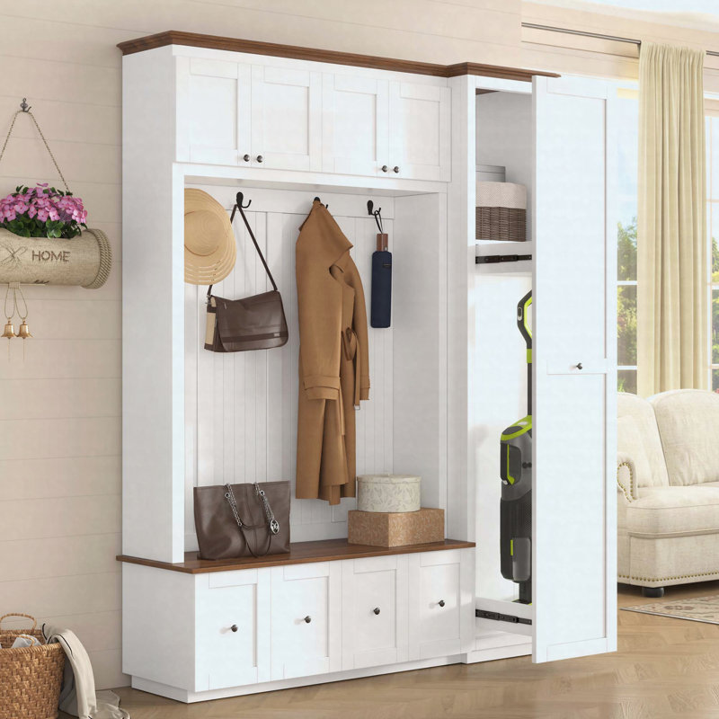 78.7" Farmhouse Entryway Hall Tree with Storage Bench, 5-in-1 Coat Rack Shoe Bench with Cabinets, Drawers and Hooks, White