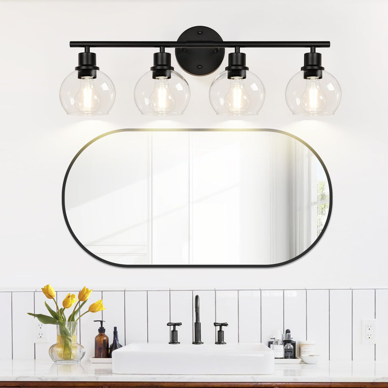 Luminaires de salle de bain 4 lumières, lumières de salle de bain noires sur miroir avec abat-jour en verre transparent, lumières de meuble-lavabo