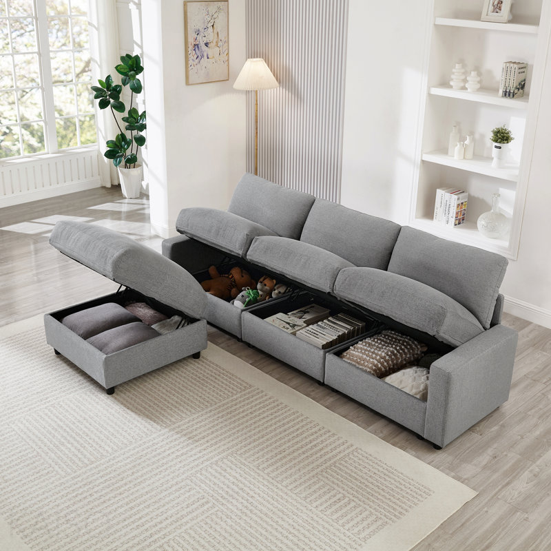 Canapé modulaire de L 103,54 po, 4 canapés modulaires en L en polyester pour le salon, 3 canapés en nuage avec repose-pieds, moderne, petit espace, facile à assembler (gris)
