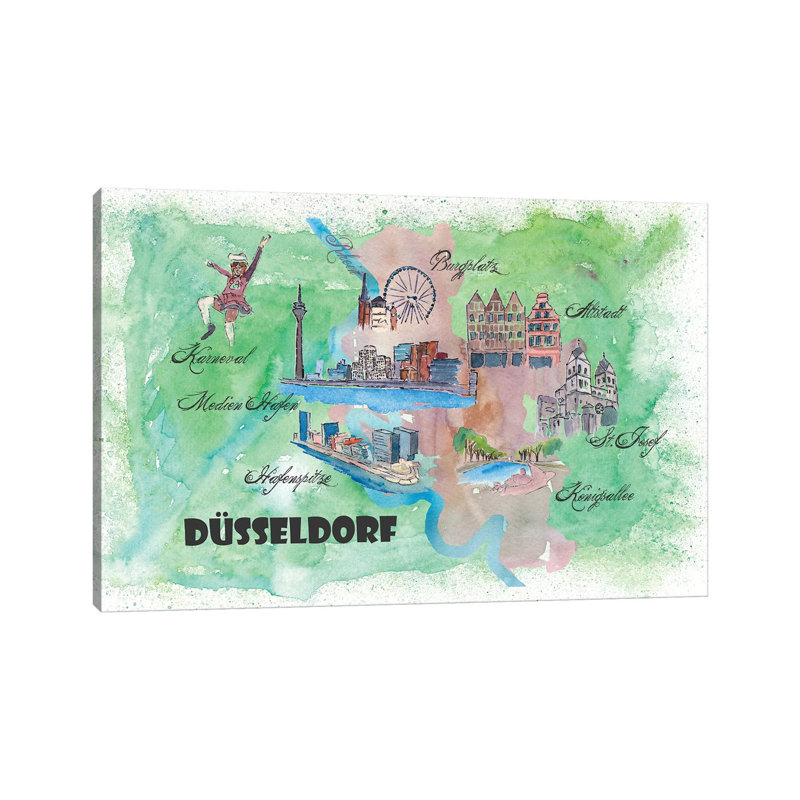 Dusseldorf, Germany Travel Poster 1 Piece Wrapped Canvas Wall Art, 20.32 cm H x 30.48 cm W