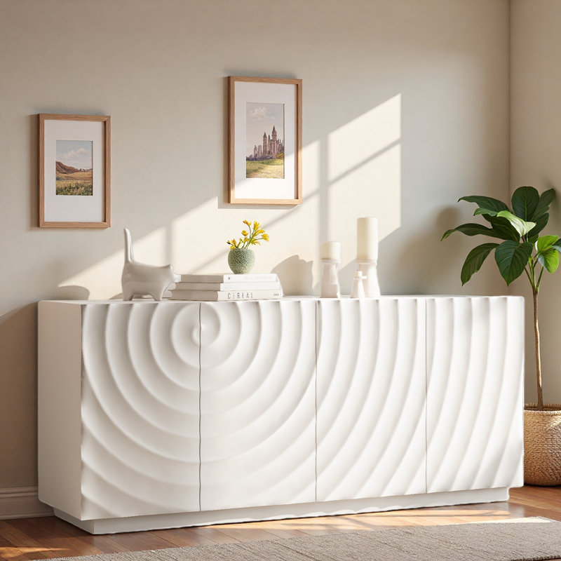 Modern 4-door Sideboard With Sculptural Wave Pattern And Storage Shelves