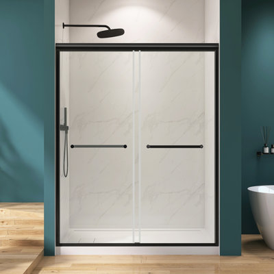 56'' - 60'' W X 75'' H Double Sliding Shower Door Matte Black Framed Bypass Shower Door Aluminum Modern Bathroom Door with Clear Tempered Glass