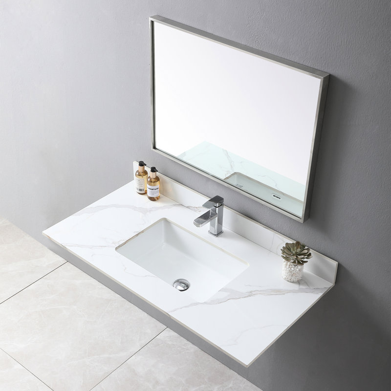 Plateau de meuble-lavabo 43 po x 22 po en pierre frittée avec lavabo en céramique et trou de trop-plein de fabrication solide