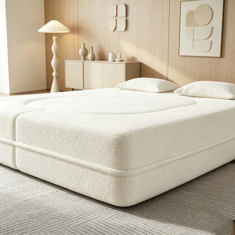 Modern Floor Sofa with 2 Pillows, Teddy, Beige/White