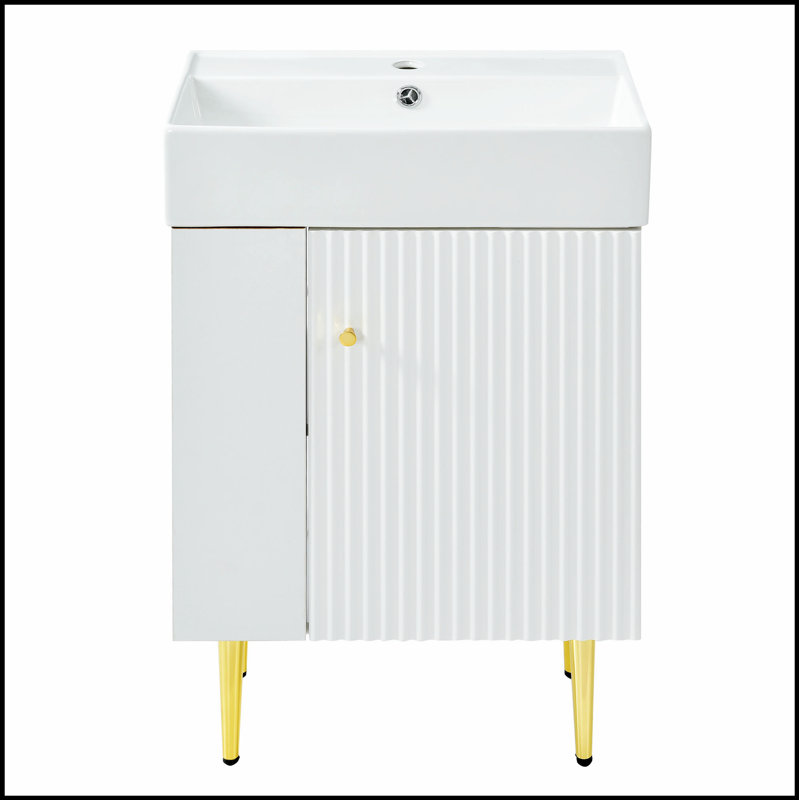 Meuble-lavabo simple en céramique avec rangement à gauche, durable et peu encombrant pour les salles de bain modernes., Blanc