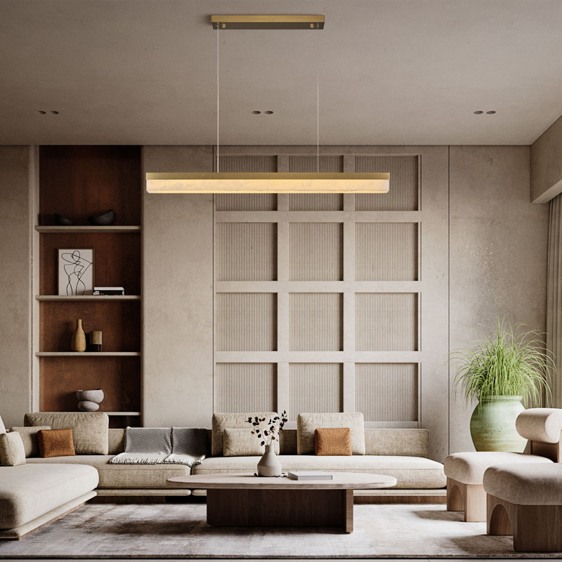 47.2" Modern Linear Chandelier With Alabaster Shade For Dining Room – Brass Finish, 102.17'' H x 47.24'' W x 4.33'' D, Brass