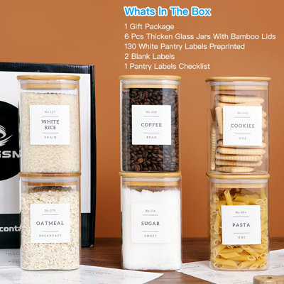 6 Pack Square Glass Kitchen Storage Jars With Airtight Bamboo Lids And 132 Pantry Labels - 35Oz Glass Canisters With Wood Lids - Glass Food Storage Containers