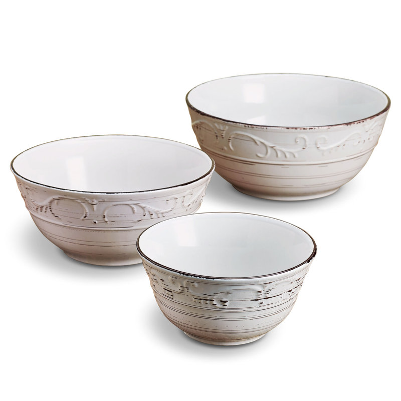 White Ceramic Rustic Patterned Serving Bowl Set of 3
