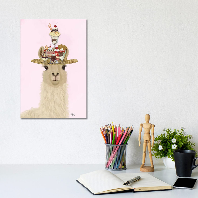 «Llama Ice Cream Hat» par Fab Funky - impression d'art graphique, Aucun mat, Toile tendue, H 12 po x l 8 po x P 0,75 po