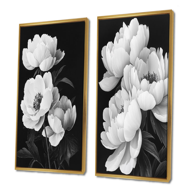 Mono-pivoines avec veines foncées III - art mural floral 2 pièces, H 32 po x l 33 po, Impression encadrée flottante, Or