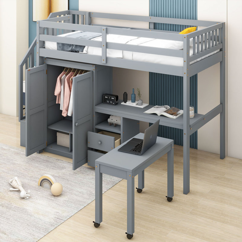 Loft Bed Featuring Integrated Staircase, Bookshelf, Drawers, Workspace Desk, And Wardrobe – All-In-One Solution, Gray, Twin
