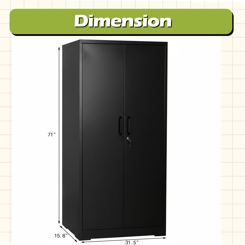 Armoire de rangement en métal 71 "avec portes verrouillables et 4 tablettes réglables, Noir