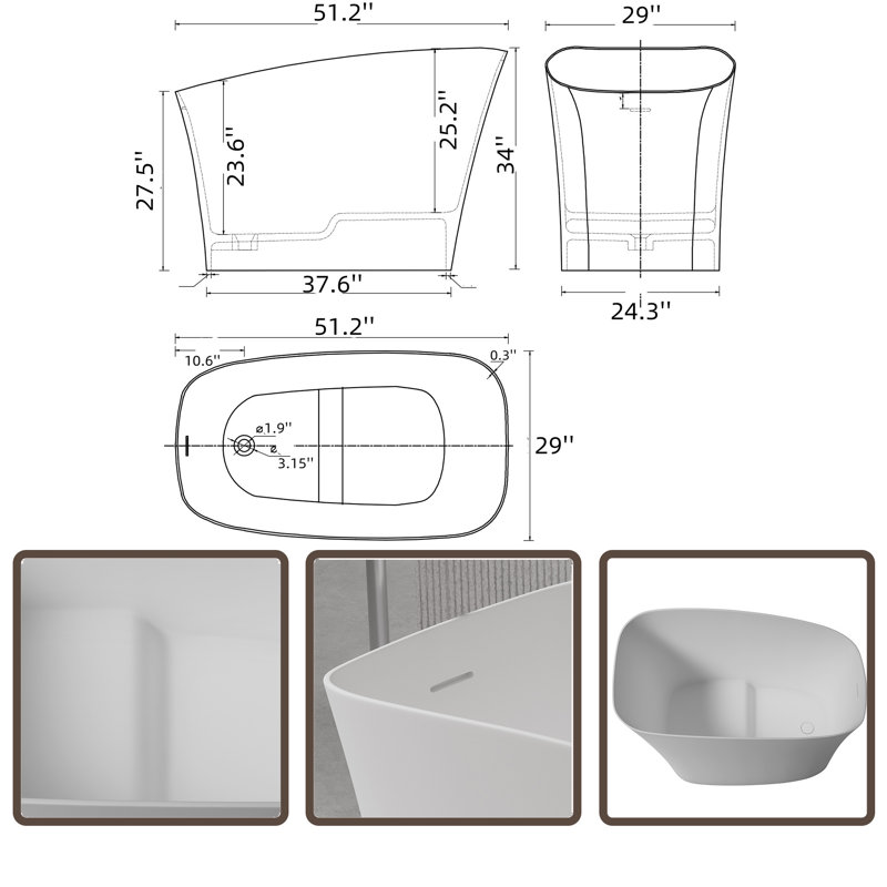 51'' x 29'' Freestanding Solid Surface Bathtub