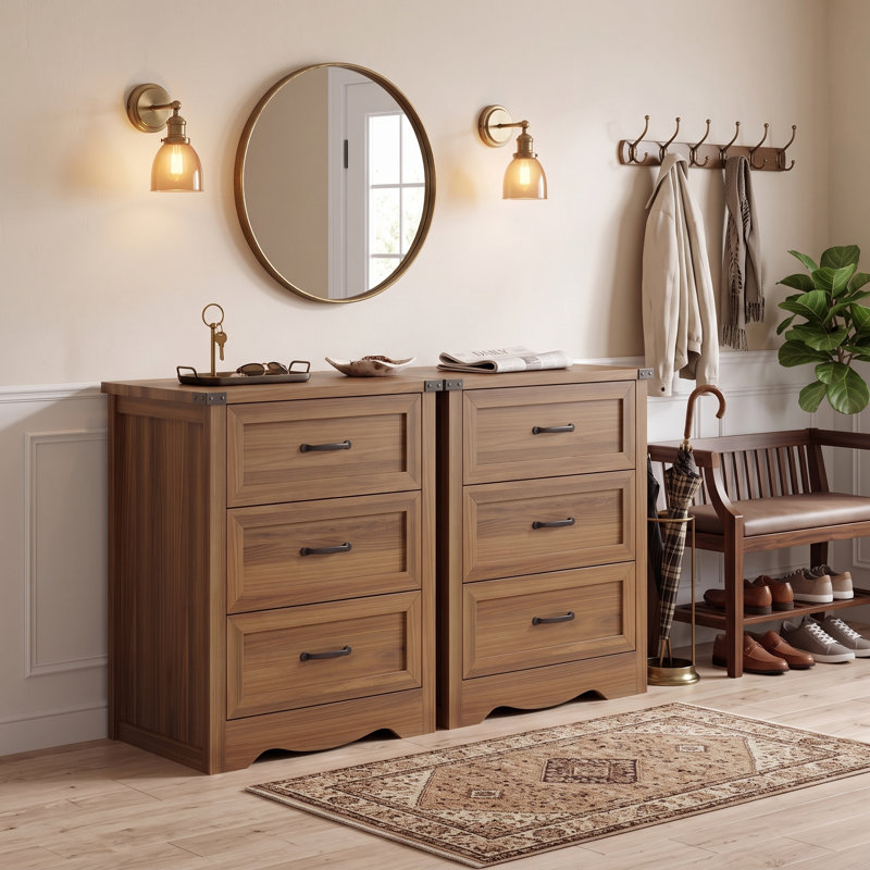 Ensemble de 2 tables de chevet avec poignées en métal, rangement de chevet rustique à 3 tiroirs de 23,6 po pour la chambre à coucher