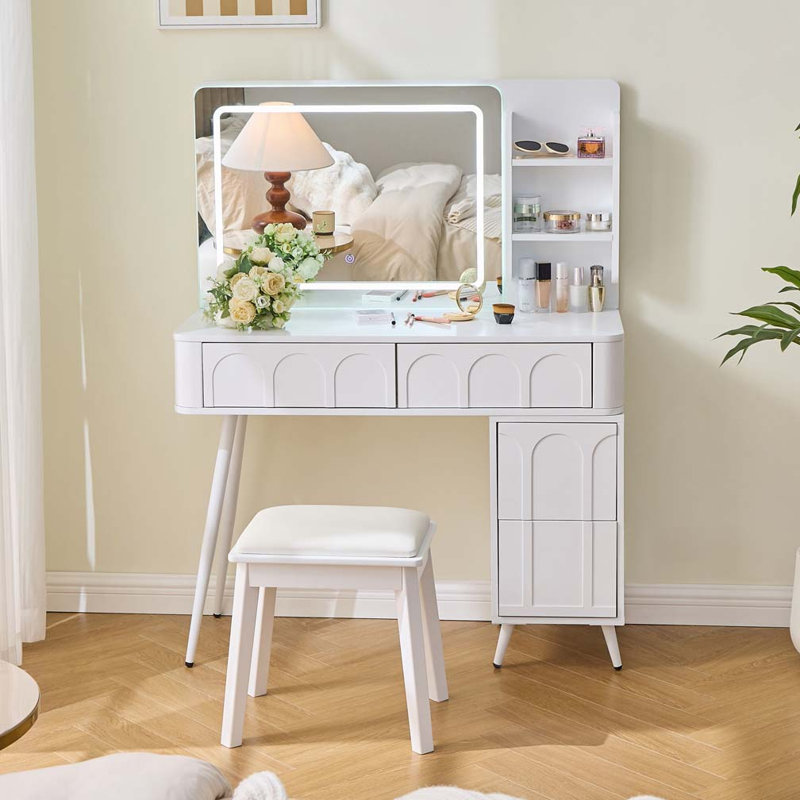 Makeup Vanity Desk with LED Lights & Mirror, 4 Drawer Dressing Table Set with Stool for Enhanced Beauty Routines, White