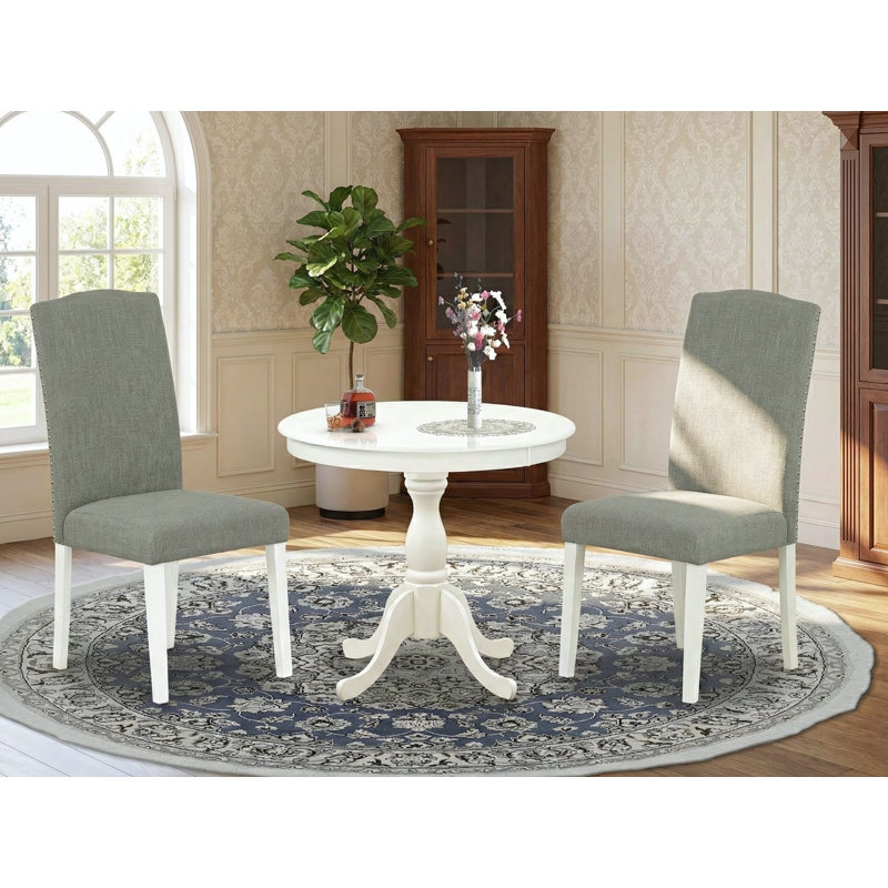 3 Piece Dining Set Consists of 1 Pedestal Dining Table and 2 Dark Shitake Linen Fabric Dining Room Chair High Back with Nail Heads - linen white Finish