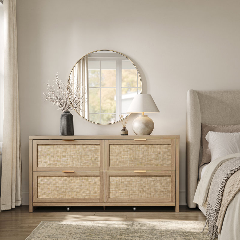 60.83''W Boho 4-Drawer Dresser With Ample Storage, Light Oak