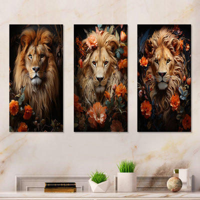 Lions Regal Portraiture - Lion Canvas Wall Art Set Of 3