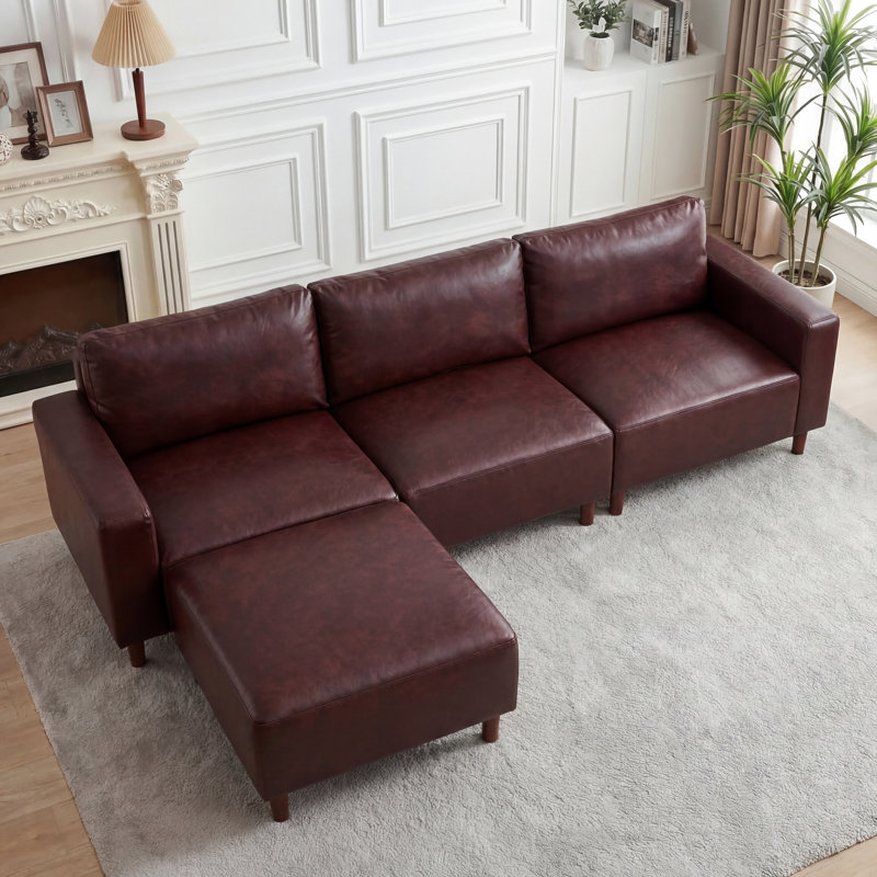 Modern Luxury L-Shaped Sectional Sofa Couch, Breathable PU Leather Upholstered Couch with Convertible Ottoman Chaise for Living Room