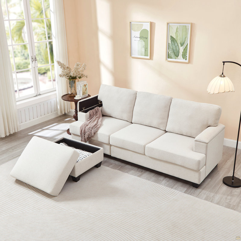Canapé en L 86 po avec organiseur d'accoudoirs, canapés à 3 places avec repose-pieds mobile, canapé modulaire avec coussin épais, canapés modulaires en lin