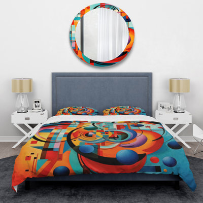 Ensemble de housse de couette orange en microfibre / polyester à motif géométrique orange bleu