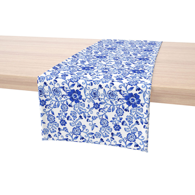 Table Runner, 100% Cotton, 16X108", Watercolor Flowers On Vines Blue, 90" L x 16" W