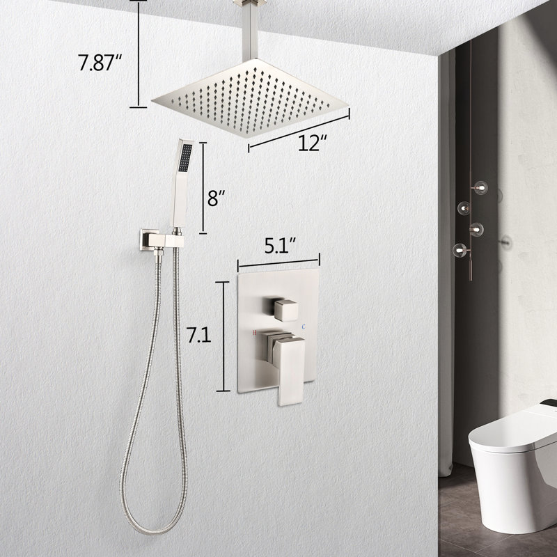 Brushed Nickel Ceiling Mounted Shower Union - 12" Head & Handheld Natural Rainfall Sensation Self-cleaning Nozzle Matches All Normal Arms Conforms To American Standard Pipe Package In And Experience