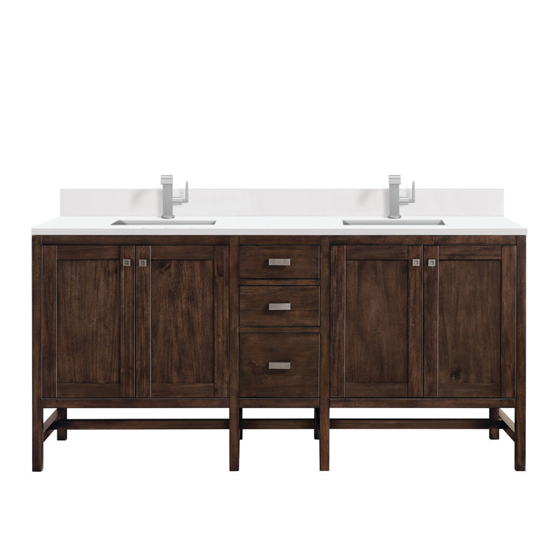 Addison 72'' Double Bathroom Vanity with Top, Mid-Century Acacia, White Zeus, Single-Hole