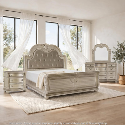 Caitlin Four Pc Queen Bedroom Set, Tufted Faux Leather Headboard, Marble Tops, Silver