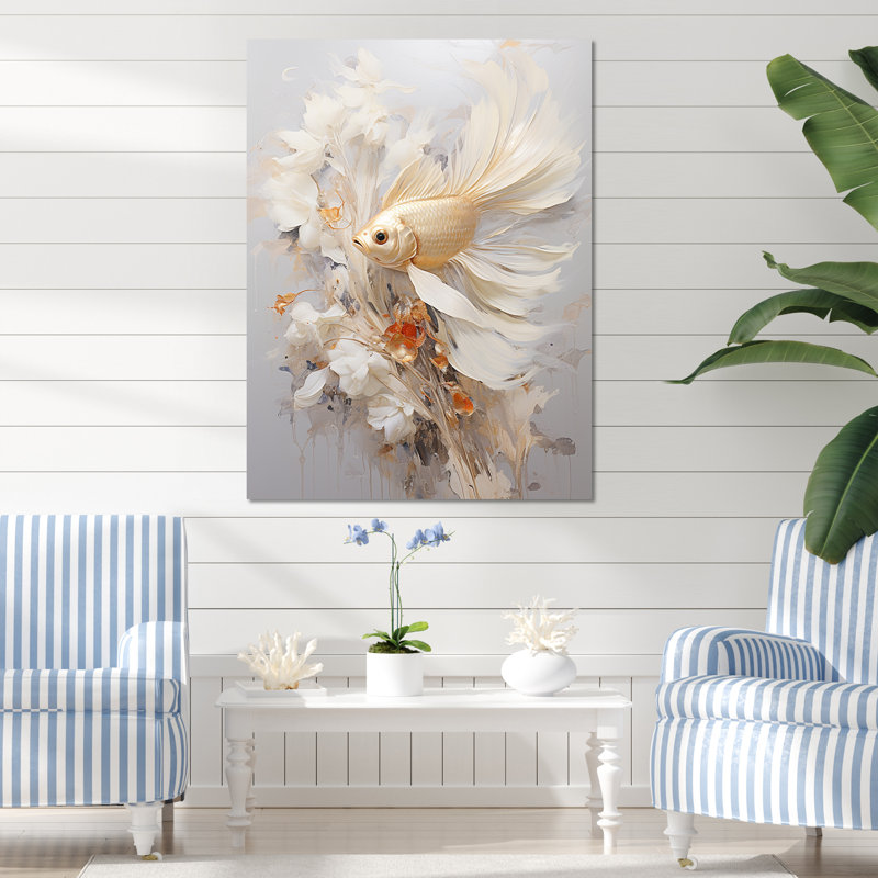 Poisson doré et longues queues sur toile, H 20 po x l 12 po x P 1 po, Toile tendue
