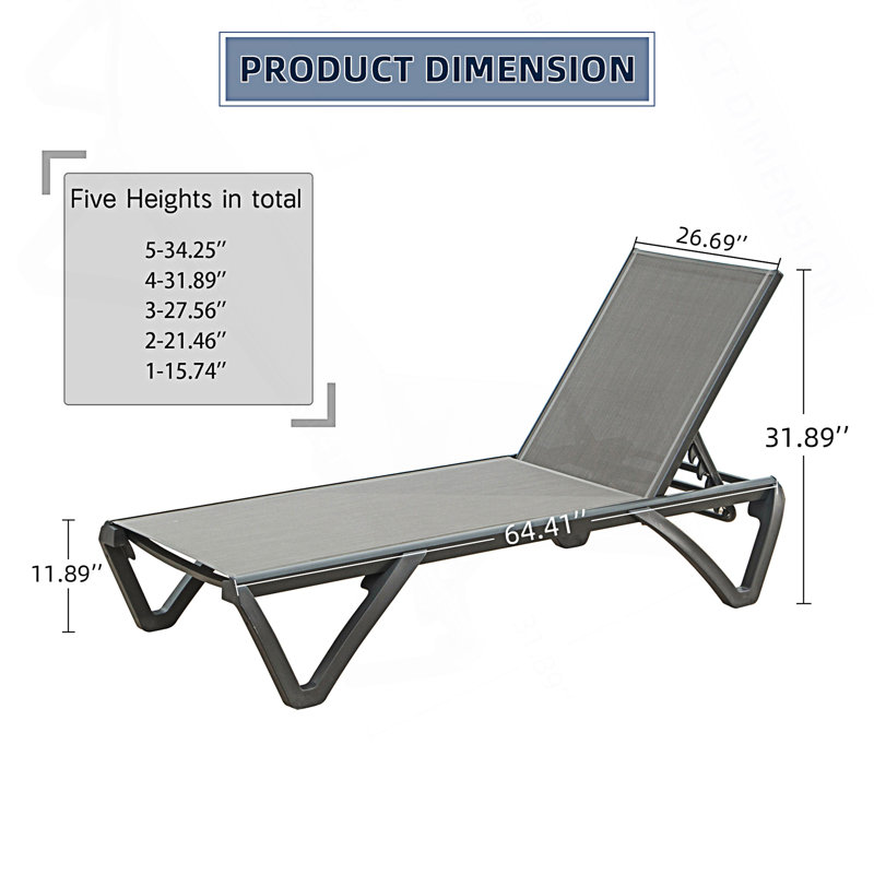 Set Of 2 Patio Chaise Lounge, Outdoor Chair With Adjustable Backrest, Pool Lounge Chairs, Gray