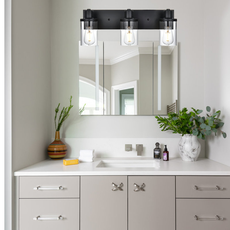 Luminaire de meuble-lavabo pour salle de bain, luminaire pour meuble-lavabo noir mat à 3 lumières avec abat-jour en verre transparent