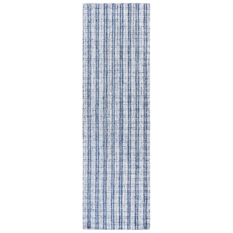 Nakara Abstract Hand Tufted Wool/Cotton Plaid Rug in Blue/Ivory, Runner 2'3" x 8'