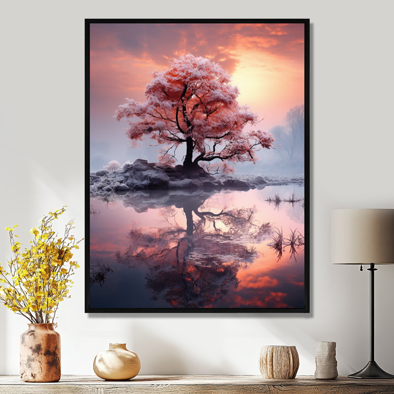 Arbre rose sur une île comme les couleurs chaudes du coucher du soleil - arbre d'hiver, décoration murale