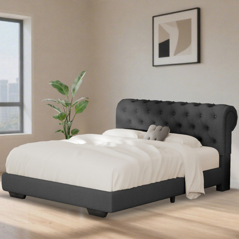 Structure de lit rembourrée en tissu de lin avec tête de lit réglable / style Chesterfield / support à lattes de bois, Noir