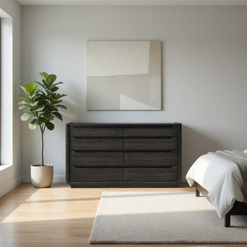 Commode Lina avec 8 tiroirs, poignées intégrées, bois noir