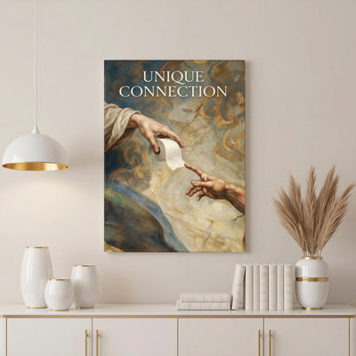 Tableau unique sur toile tendue représentant du papier de toilette et des mains divines, inspiré d'une scène de la Création, idéal pour la décoration du salon ou du bureau.