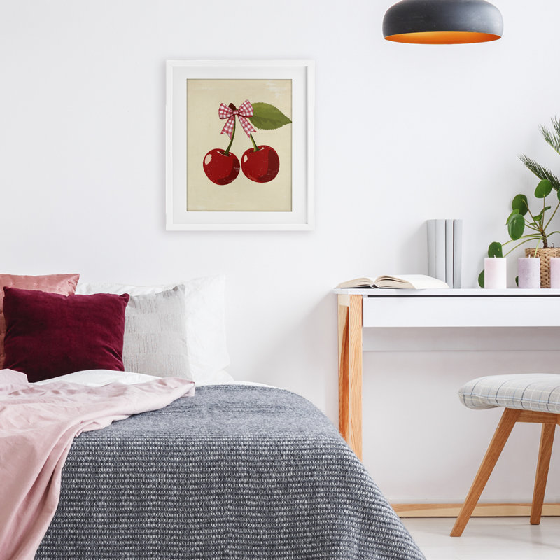 «Cherries with Pink Plaid Bow», reproduction encadrée sous verre, design par Christine Simpson Art, H 21 po x l 17 po