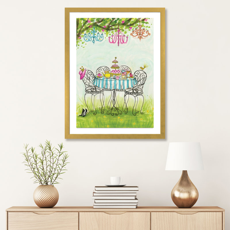 Art de jardin tea party, H 32 po x l 24 po x P 1 po, Papier encadré doré