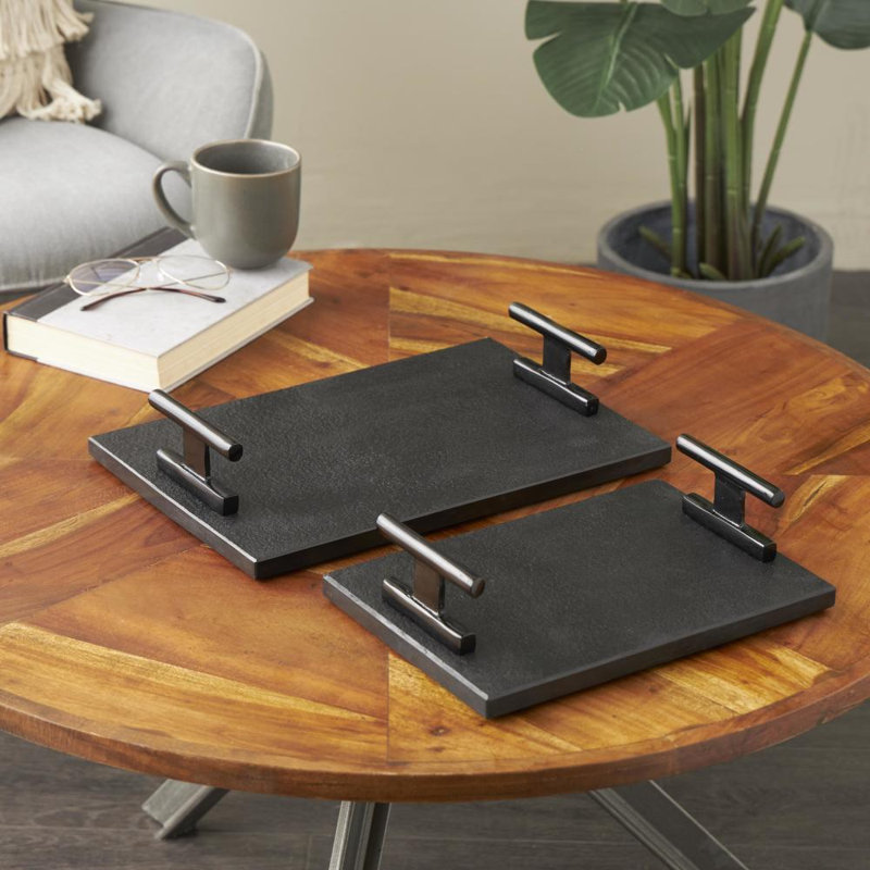 Aedic Mable Tray - Set of 2, Black, 3.25"Hx9.55"Wx14.9"D & 3.25"Hx8.05"Wx11.85"D