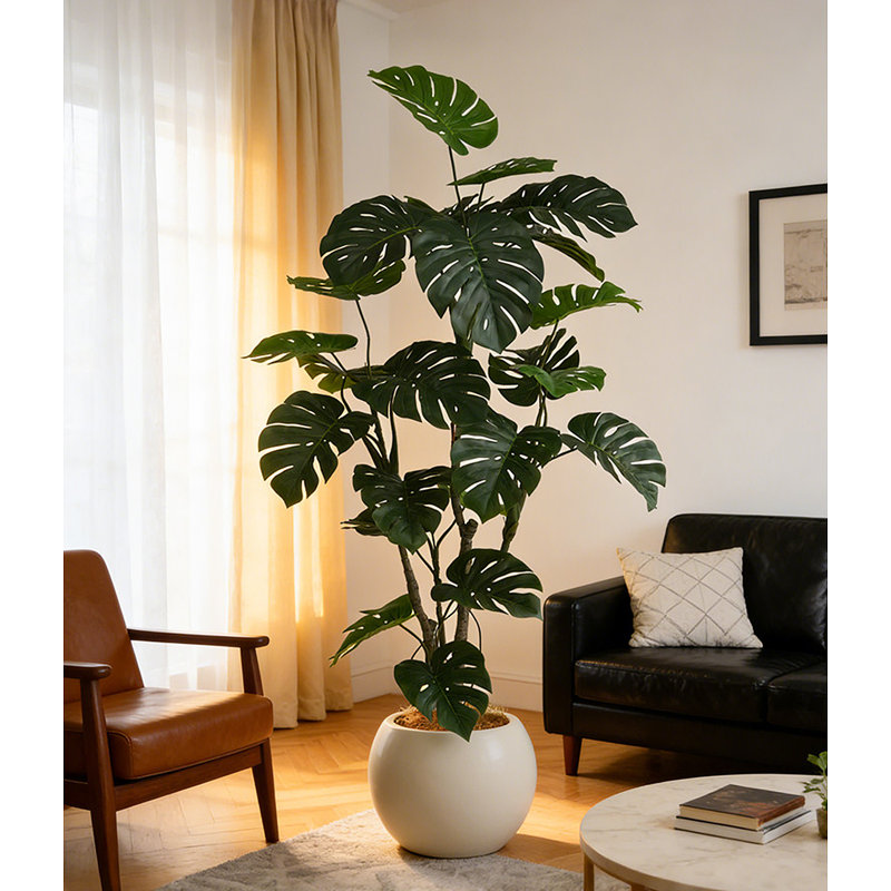 Bambou vert simulé à dossier tigré - Faux arbre décoratif fixé au sol pour le salon, 71.26" H x 39.37" W x 8.66" D, White